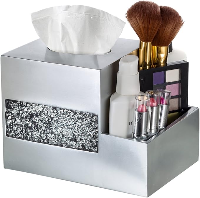 Crackled Glass Tissue Box Cover Square Silver Decorative Multi-function Storage Organizer Caddy; Tissue Box Holder & Countertop Nightstand Bedside Table Organizer Makeup, Phone, Remote Control Holder