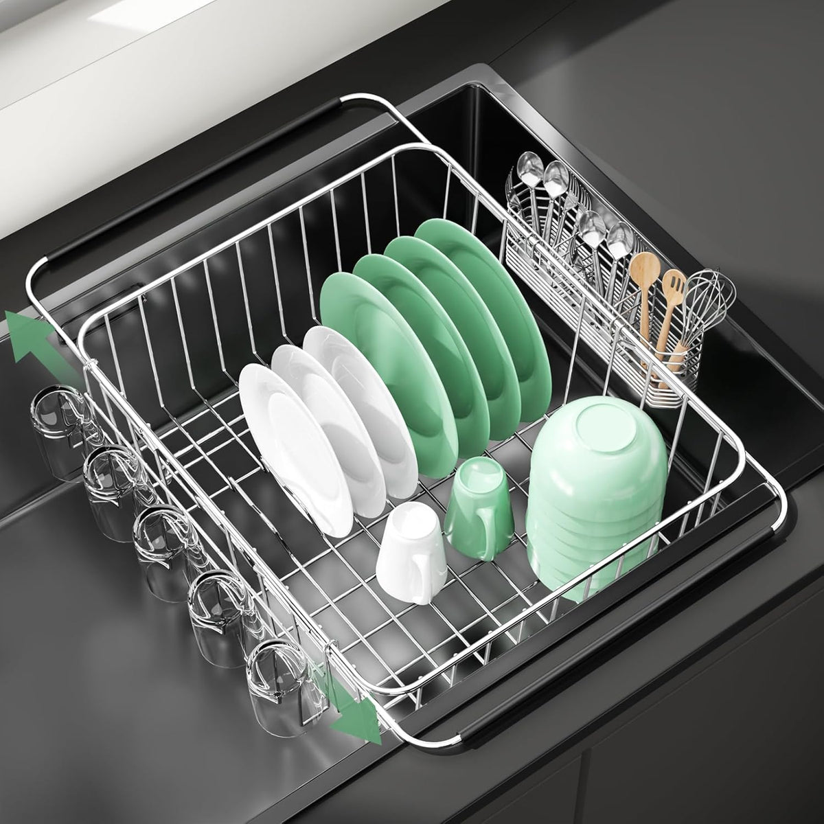 Dish Drying Rack in Sink, Extendable Stainless Steel Dish Drainers for Kitchen Counter, Anti-Rust Dish Dryer Rack with Utensil & Cup Holders, for Inside Sink, Over The Sink
