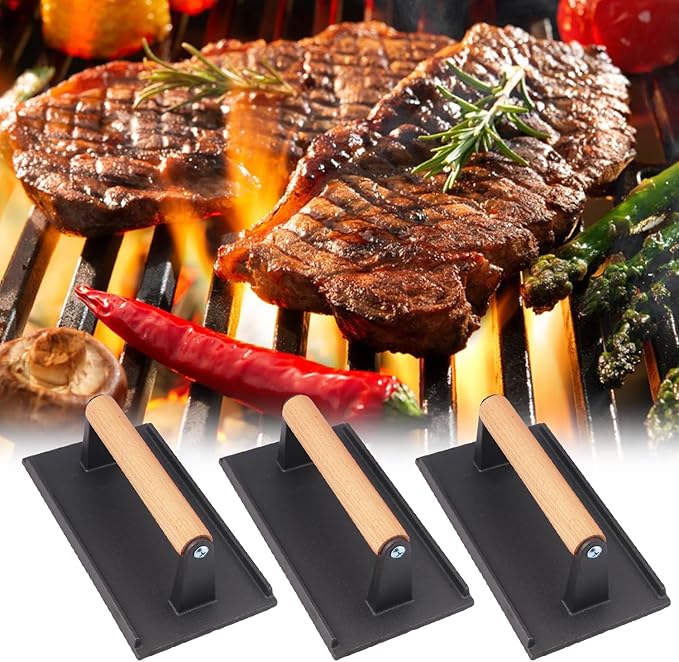 3 Packs 8.26 x 4.3 Inch Cast Iron Grill Press Set, Heavy Duty Steak and Burger Press with Wooden Handle for Burgers, Bacon, Paninis, and More! by Genhakon