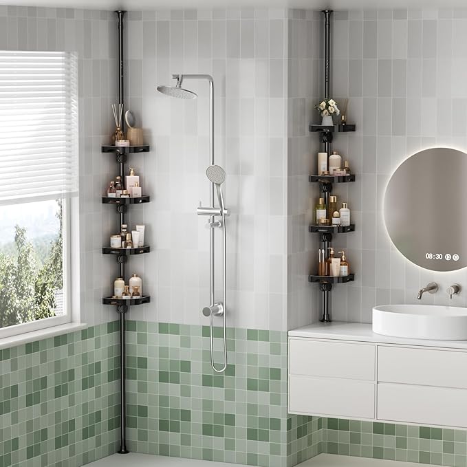 shuang qing 4-Tier Corner Shower Caddy Tension Pole Organizer - Adjustable Rustproof Metal Tension Pole, Plastic Shelves with Safety Guardrail, Bathroom Storage for Shower & Bathtub(Black)
