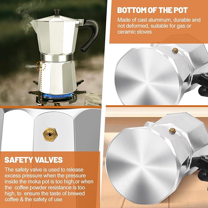 6 Cup Aluminum Espresso Stovetop Moka Pot Express Coffee Maker Percolator Italian Classic Mocha Coffee Machine for Italian and Cuban Cafe Brewing for Home & Camping 300ml 10oz