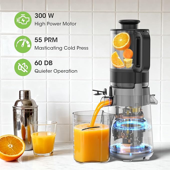Juicer Machines, 5.3" Wide Feed Chute Cold Press Juicer for Whole Vegetables & Fruits, High Juice Yield, BPA Free (Slivery)