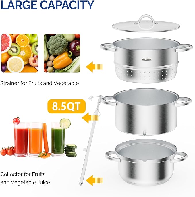 ROVSUN 5 Quart Juice Steamer Stainless Steel, Extractor Fruit Vegetables Juicer Steamer Pot, w/Tempered Glass Lid Clamp, Loop Handles, Ideal for Making Juice, Jelly, Pasta