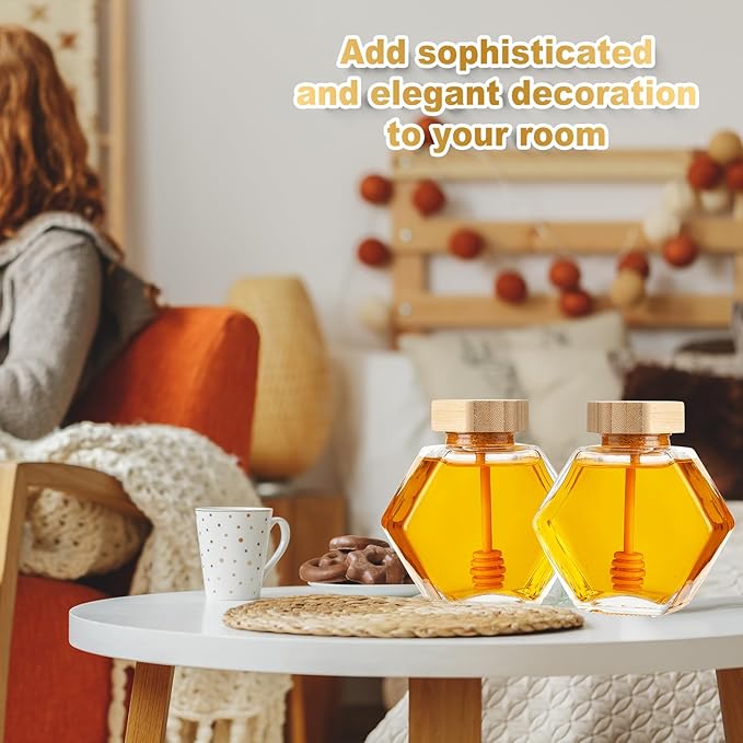 Sunnyray 8 Pcs Glass Honey Jars with Dipper Hexagonal Clear Glass Dispenser Small Honey Containers Bottle with Wooden Dipper and Cork Lid for Home Storage Kitchen (220 ml)