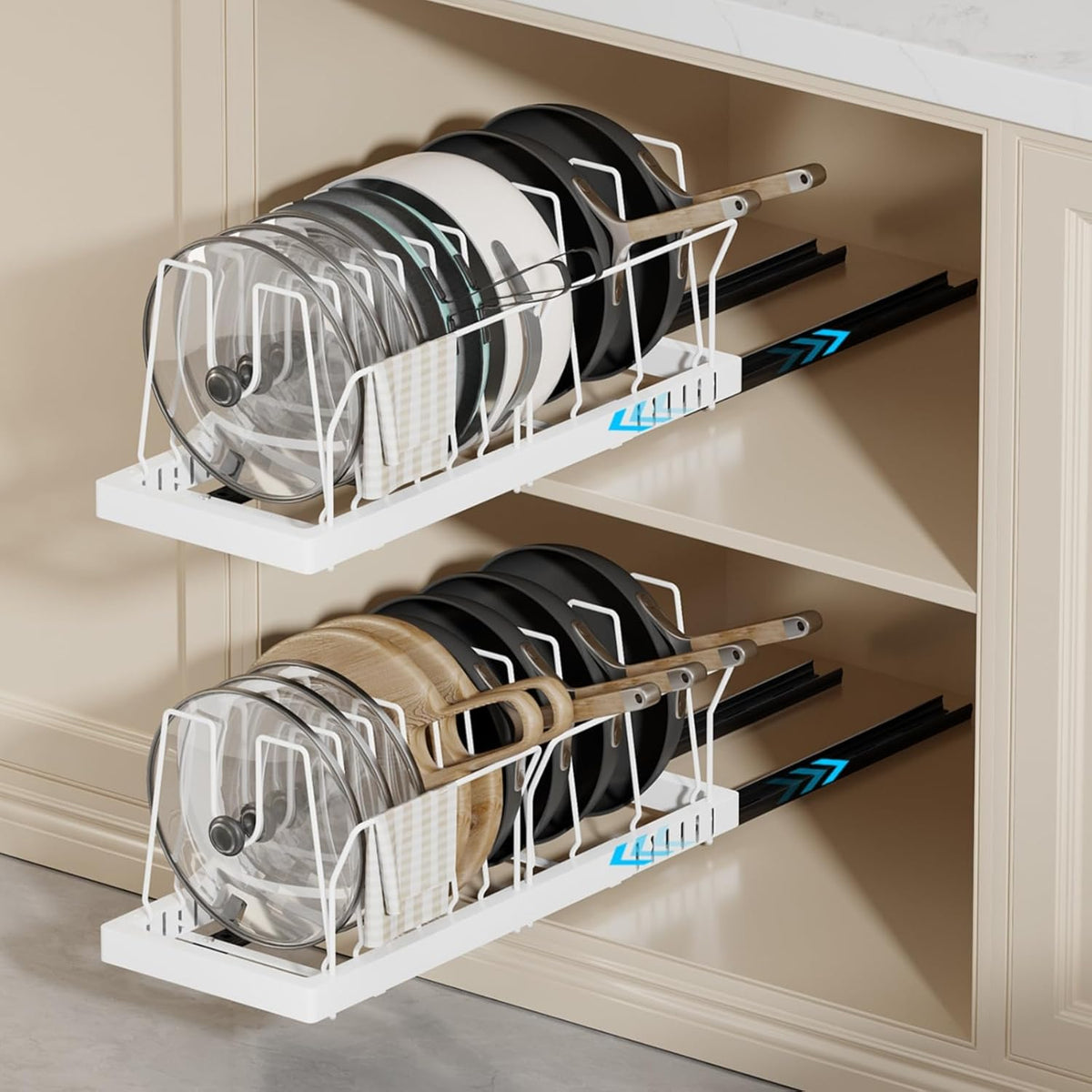 2 Pack Pots and Pans Organizer Under Cabinet, 22" Deep Expandable Pull Out Pot Lid Organizer and Storage with 10 Adjustable Dividers No Drill Pot and Pan Holder Rack with Handle Bracket(White)