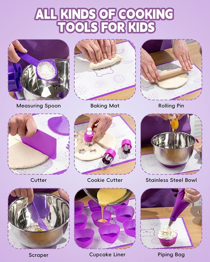 Kids Baking Set–Real Cooking Set for Kids with Kids Cooking Utensils & Kitchen Accessories, Measuring Tools & Baking Supplies,Great Gift for Pretend Play & Montessori Learning (Purple)