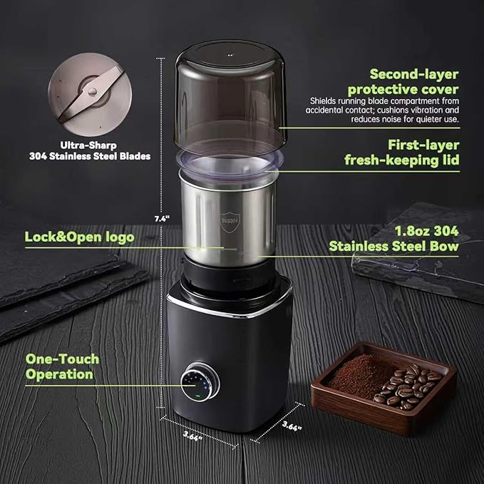 Electric Coffee Grinder for Coffee Beans, Spices and Herbs, Adjustable Grind Fineness, 1.8 oz Capacity, Hands-Free Operation, Leak-Proof Design, Odor-Free, Detachable and Easy to Clean, Black