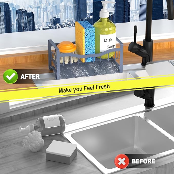 Maifan Stainless Steel Kitchen Sink Caddy Organizer with Auto Drain Tray, Sponge Holder for Countertop Storage Grey Blue