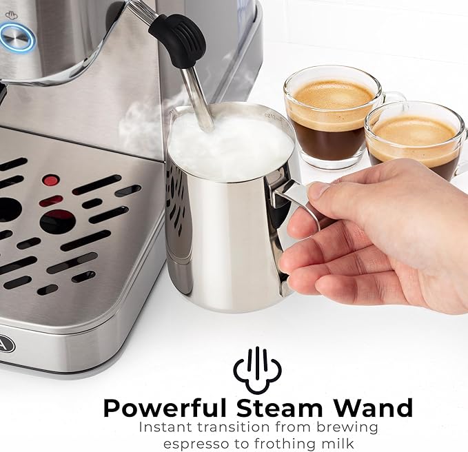 Zulay Kitchen Magia Compact Espresso Machine – 20 Bar Coffee Maker with Milk Frother Steam Wand, Latte & Cappuccino Maker, 1350W Fast Heating, 40oz Removable Water Tank, Stainless Steel – Silver