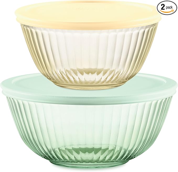 Pyrex Colors (2-Pack) Sculpted Tinted Small/Medium Glass Mixing Bowls With Plastic Lids, Nesting Space Saving Set of Bowls For Prepping and Baking, 1.3QT & 2.3QT