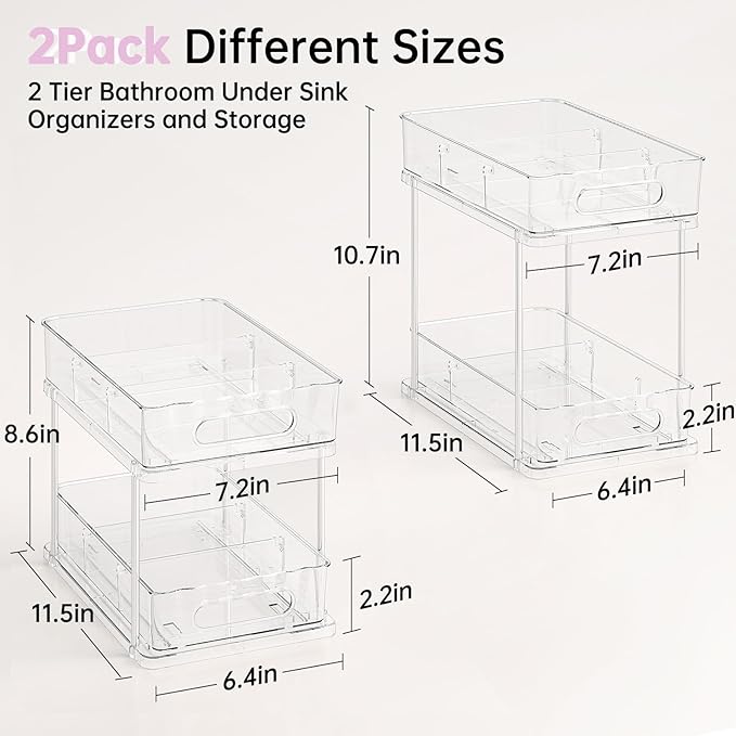 Delamu 2 Tier Snap-Lock Bathroom Under Sink Organizers and Storage, Multi-Purpose Cabinet Drawers with Movable Dividers, Pull Out Organization for Countertop, Kitchen and Pantry(Clear, 2 Pack)