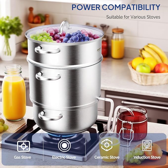 ROVSUN 8.5 Quart Juice Steamer Stainless Steel, Extractor Fruit Vegetables Juicer Steamer Pot, w/Tempered Glass Lid Clamp, Loop Handles, Ideal for Making Juice, Jelly, Pasta