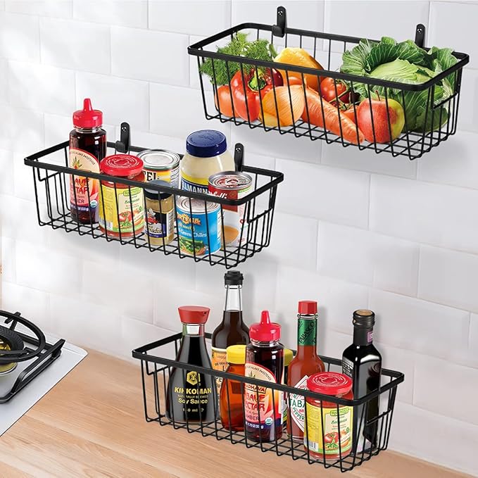 SheeChung 4 Pack Farmhouse Metal Wire Basket Bin with Wall Mount and 2 Pack Bathroom Soap Dishes Tray with Drain Metal Sponges Scrubber Holder Bar Soap Dispenser Saver