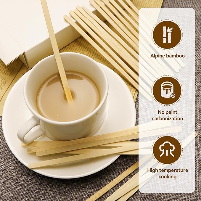 150 Count Bamboo Coffee Stirrer - Disposable 5.5 inches Long Wooden Stir Sticks for Coffee and Cocktails - Smooth, Splinter-Free Beverage Mixers - Ideal for Cafe, Bars and Drink Stations