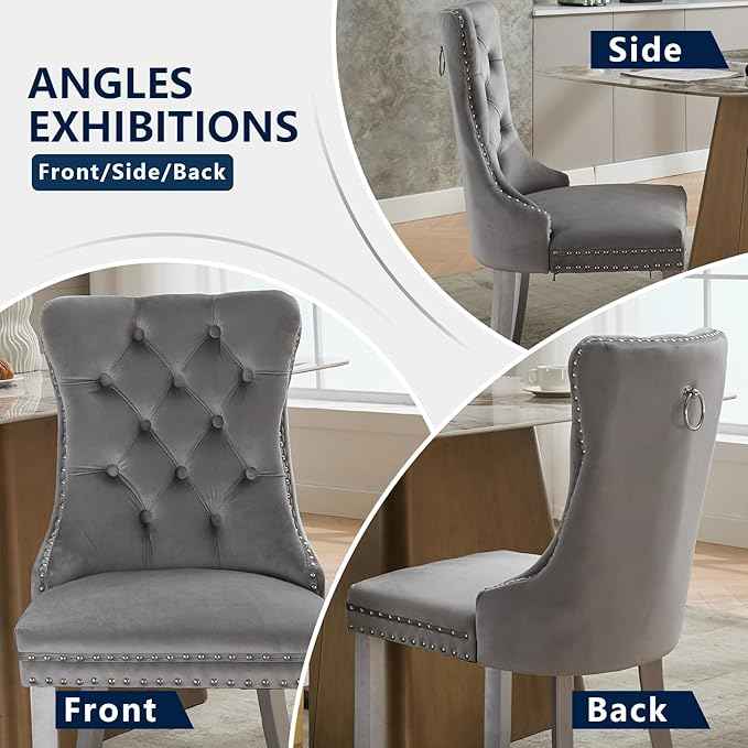 Velvet Dining Chairs Set of 2, Kitchen & Dining Room Chairs, Upholstered Dining Chairs with Back Ring Pull and Silver Solid Wood Legs, Modern Tufted Kitchen Chairs for Dining Room, Light Grey