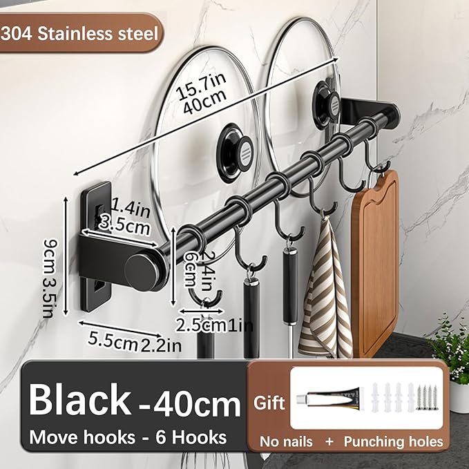 Hanging Wall Mount knife Wall Mount, Kitchen Organizer Storage Shelf for Utensils Spatula Spoon, Space-Saving Knife Rack with Hooks,Wall-Mounted Utensil Holder (Black, 40CM+Single Pole+6Hooks)