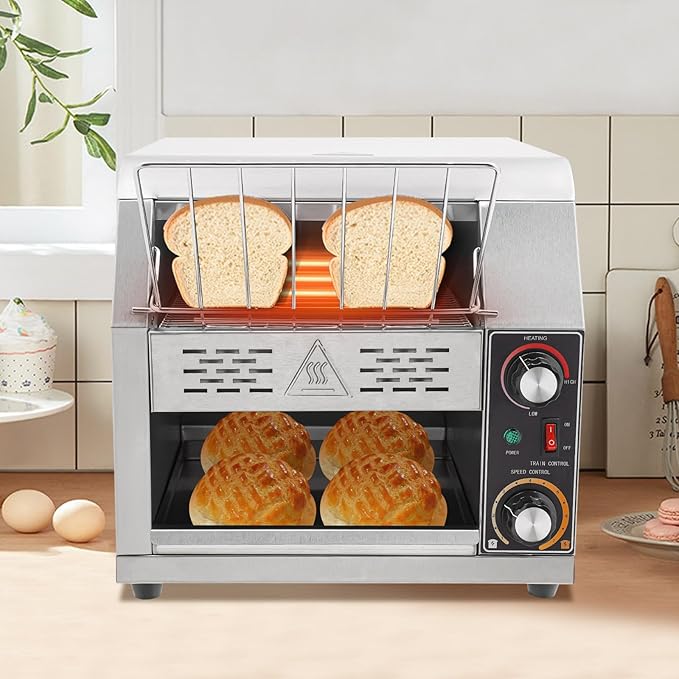Commercial Conveyor Toaster 1900W, 300 Slices/Hour Heavy-duty Stainless Steel Countertop Bread Oven with 7-Speed Control & Temp Adjust