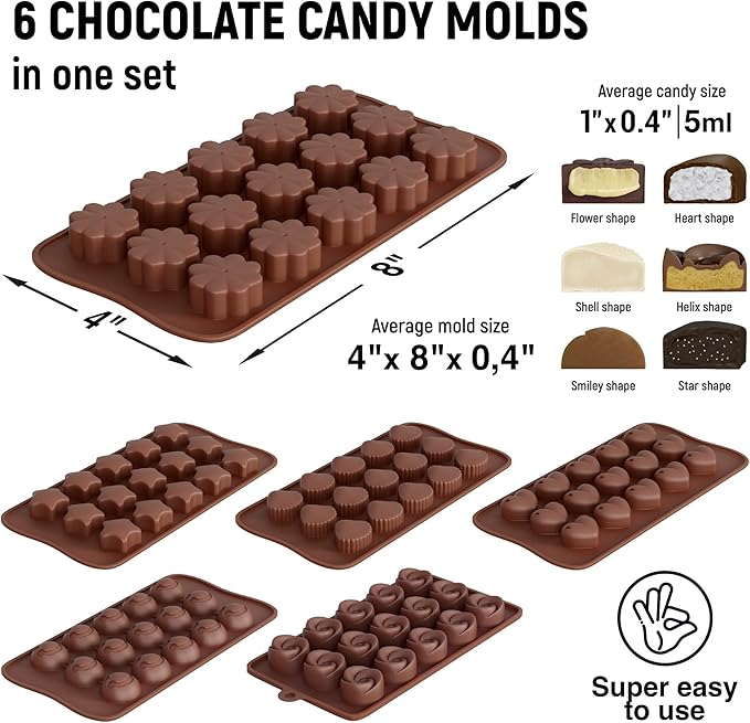 Chocolate Moulds Silicone - Set of 6 - Non-Stick & Food Grade Silicone Chocolate Mould for Jelly Candies, Truffles, Bath Melts & Candles - Free Recipes eBook - Gift-Ready for St.Valentine