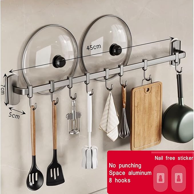 Rail Rack Organizer Self Adhesive Kitchen Utensil Rack Aluminum Wall Mounted Hanging Rail 8 Removable Hooks Pots Pans Spoons Knives,Grey,45cm
