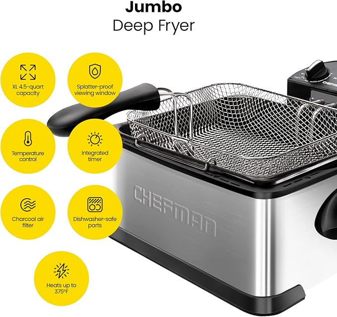 Chefman 4.5 Liter Deep Fryer w/Basket Strainer, XL Jumbo Size, Adjustable Temperature & Timer, Perfect for Fried Chicken, Shrimp, French Fries, Chips & More, Removable Oil-Container, Stainless Steel