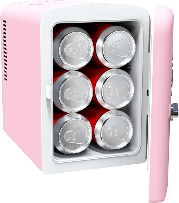 Frigidaire Retro 9-Can Mini Personal Fridge Portable Cooler for Car, Office, Bedroom, Dorm Room, or Cabin, 11.8" D x 7.1" W x 10.1" H, PINK