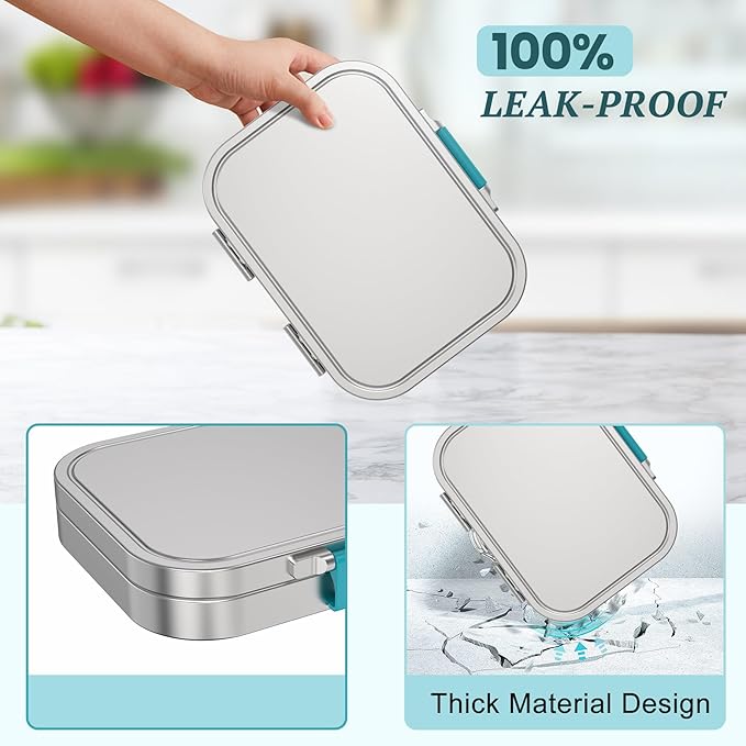 LOHASOK Stainless Steel Bento Lunch Box, 3-Compartment Food Container Large 800ML Metal Bento Box for Kids or Adults with Lockable Clips to Leak Proof Blue