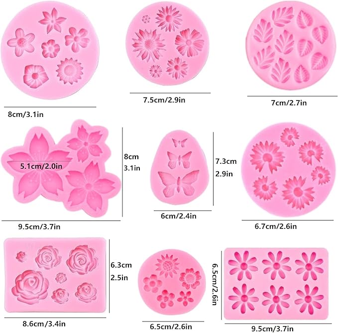Flower Silicone Molds,9pcs Rose Leaf Daisy Sunflower Chrysanthemum Small Flowers Fondant Molds Polymer Clay Mould Candy Chocolate Molds for Cupcake Cake Pop Puck Decoration DIY Crafts