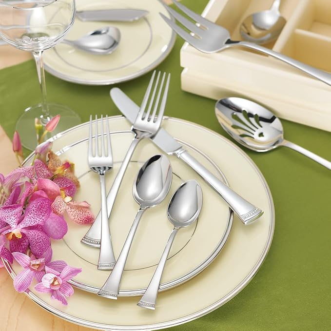 Lenox Silverware Set For 12, Portola 65-Piece Flatware Set with Serving Utensils, Service For 12, 18/10 Stainless Steel Flatware, Dishwasher Safe, Knives Spoons and Forks (Silver, 65 pieces)