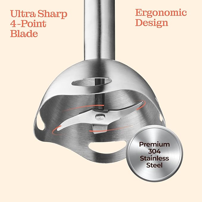 Powerful Immersion Blender, Electric Hand Blender 500 Watt with Turbo Mode, Detachable Base. Handheld Kitchen Blender Stick for Soup, Smoothie, Puree, Baby Food, 304 Stainless Steel Blades (Grey)