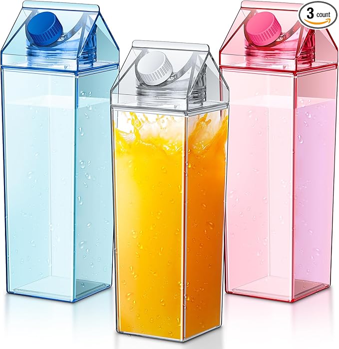 Remerry 3 Pcs Milk Carton Water Bottle Square Plastic Coffee Portable Reusable Milk Carton Cup Leakproof Juice Bottle