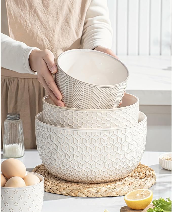 Ceramic Mixing Bowls, Embossed Nesting Bowls Set of 4, Mixing Bowl Set for Serving, Baking, Cooking and Gift, Microwave and Dishwasher Safe, 20/47/99/148 oz, Off-White