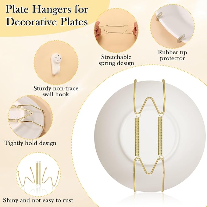 14 Pack Plate Hangers for Wall Display, 6/8/10/12 Inch Invisible Stainless Steel Plate Holders with Wall Hooks, Fit 5.5–12.5 Inch Decorative Plates, Plate Display Hangers for Home Wall Decor, Gold