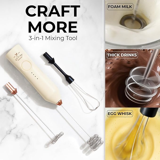 Zulay Kitchen Rechargeable Milk Frother - Dynamic - 3 Speeds, 3 Whisk Attachments, 500 mAh USB Charging, Drink Mixer For Latte, Cappuccino, Matcha, Protein Powder, Coffee Foam - Cream Copper