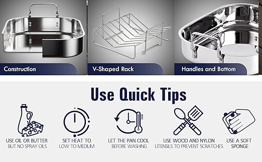 Cooks Standard Stainless Steel Roaster Pan with V-Shaped Rack, Inner 16-Inch x 13-Inch; Edge 17-Inch x 14-Inch; Turkey Roasting Pan Bakeware for Oven, Rectangular