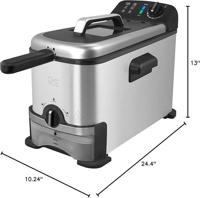 Kalorik Deep Fryer with Oil Filtration, Featuring Adjustable Temperature Control Dishwasher-Safe Basket and Easy-View Window with Odor Filters, 1700-Watts, 3.2-Quart, Silver