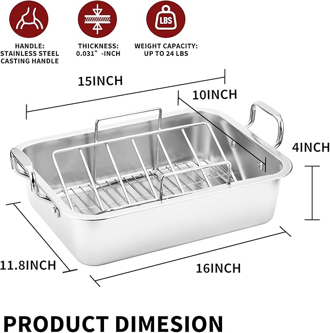 QPMR Roasting Pan with Cooling Rack - Stainless Steel Large Turkey Roaster Pan for Turkey, Chicken, Ham Roaster with V-Shaped Baking Rack Heavy Duty Dishwasher Safe