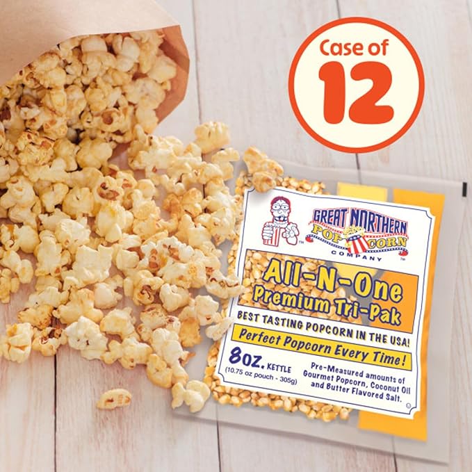 Movie Theater Style Popcorn Packs - Pre-Measured 8-Ounce All-in-One Kernel,Salt,Oil Packets for Popping Machines by Great Northern Popcorn,(Pack of 24)