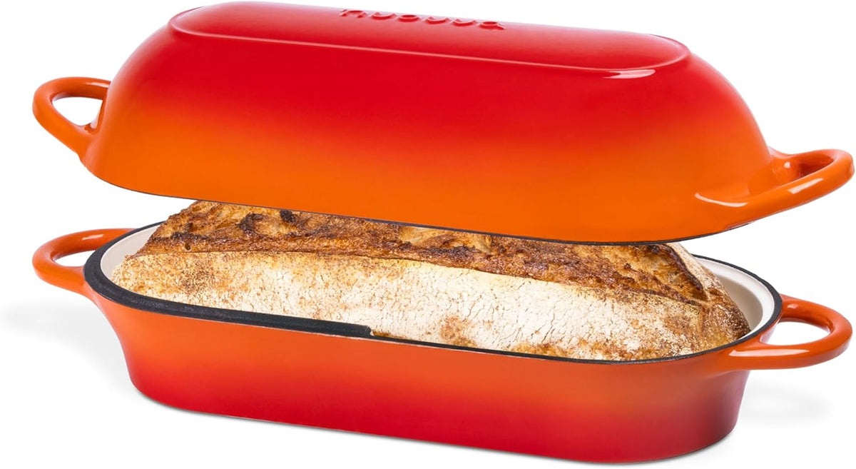 Enamelled Cast Iron Bread Loaf Pot – Dutch Oven For Sourdough Bread Baking – Oven Safe Non Stick Bread Pot – Rectangular, Orange, 34cm x 16cm – by Nuovva