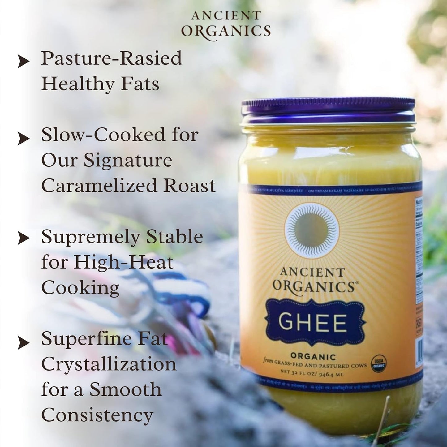Ancient Organics Ghee, Organic Grass Fed Gluten Free Clarified Ghee Butter with Vitamins & Omegas, Lactose Free, 100% Certified Organic, Kosher, USDA Certified, Made in USA - 16 Fl Oz (Pack of 2)
