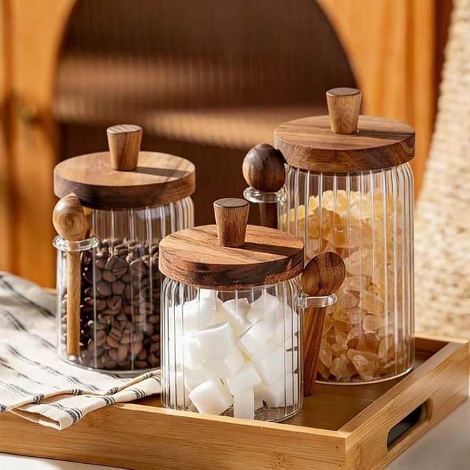 ANSQU Glass Jar with Wooden Lid & Spoon, 20.3oz Food Storage Containers Coffee Jar Coffee Grounds Container, Coffee Canister holds up to 7.4oz Coffee Beans (1 Pack)