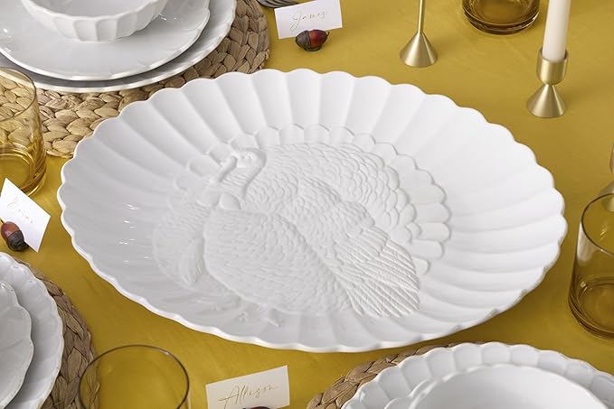 Lenox Serveware, Lenox French Perle Carved Turkey Platter, Scalloped, Oval, 18-Inch, Stoneware, Dishwasher Safe, Turkey Platter for Thanksgiving, Winter Hosting, Christmas Serving (White, 1 Piece)