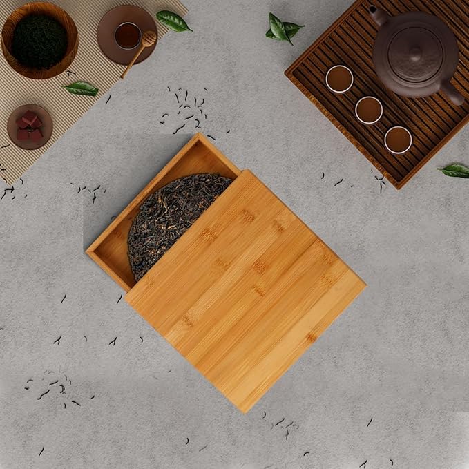 Partykindom Wooden Tea Cake Storage Box with Drawer 9.84X9.44X1.81In Tea Storage Organizer for Pu Er Cake Breathable and Practical Box for Home Use