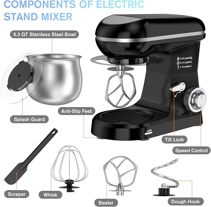Electric Stand Mixer with 5.3 Quart，Cake Mixer with Stainless Steel Bowl and Stand, Kitchen Mixer Tilt-Head Design – Includes Dough Hook, Whisk & Beater-Great for Baking Bread, Cakes, Cookies