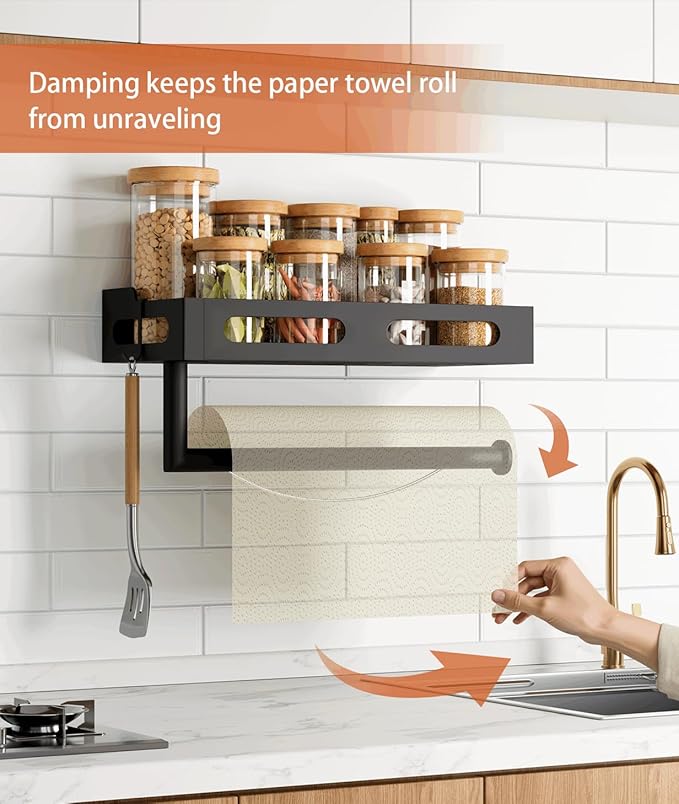 Paper Towel Holder Wall Mount for Kitchen, One-Handed Tear, Bathroom Paper Towel Holder with Shelf, RV Paper Towel Rack Wall Mount Paper Roll Holder with 4 Hooks, Matte Black