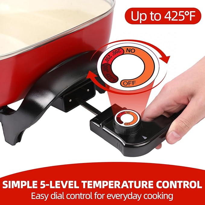 15'' Ceramic Nonstick Electric Skillet with Tempered Vented Glass Lid,Thermostat Control to Prevent Overheating,Removable Easy-to-Clean,Vibrant Red
