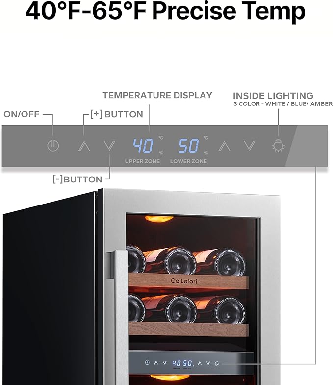 Ca'Lefort 15 Inch Wine Fridge, 28 Bottle Wine Cooler Refrigerator, 40-65°F Wine Refrigerator Glass Door, 3 LED Dual Zone Wine Fridge, Built-in or Freestanding Fridge for Home/Bar/Kitchen (3.0 cu.ft)