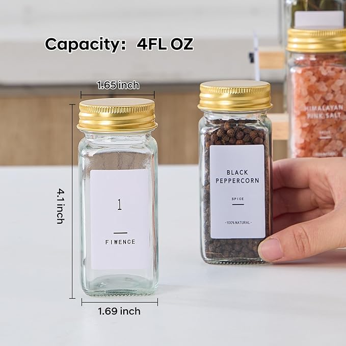 48 Pcs Glass Spice Jars with 576 Labels, 4oz Empty Square Spice Containers,Seasoning Bottles with Gold Metal Caps - Shaker Lids, Funnel and Pen Included