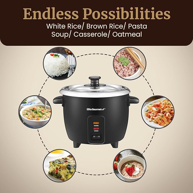 Elite Gourmet ERC006SS 6-Cup Electric Rice Cooker with Stainless Steel Inner Pot, Makes Soups, Stews, Porridges, Grains and Cereals, 6 cup (3 cups uncooked), Black