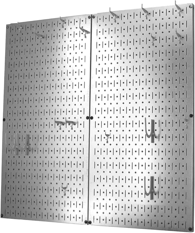 Wall Control Kitchen Pegboard Organizer Pots and Pans Storage Rack Organization Kit with Metallic Silver Pegboard and White Accessories