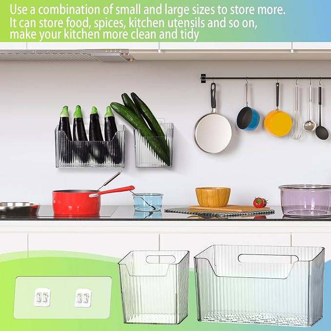 8 Pcs Storage Organizer Bins Wall Mounted Organizer Basket Plastic Cabinet Door Bins Stackable Hanging Baskets for Organizing for Wall Refrigerator Kitchen Bathroom Pantry(3.94'',Clear)
